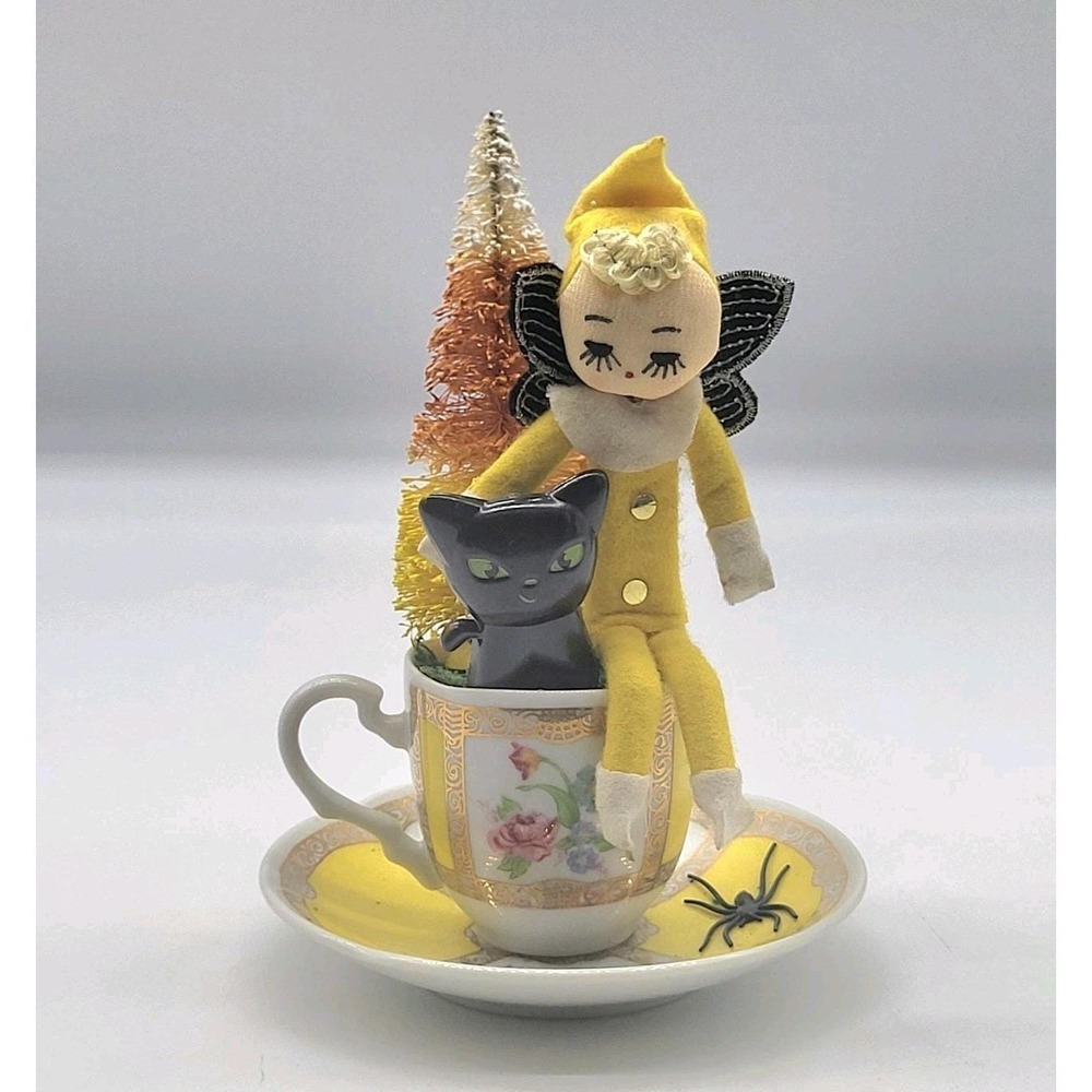 Vintage Halloween Assemblage Art Avon 1985 Germany Pixie Elf Teacup Saucer